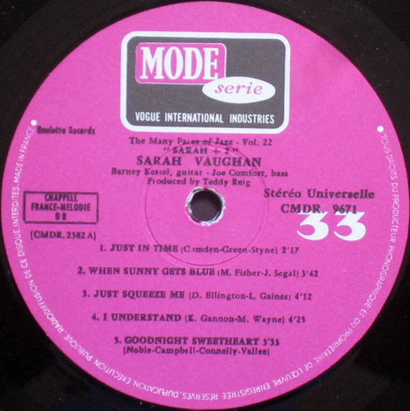 Sarah Vaughan - Barney Kessel - Joe Comfort : Sarah + 2 (LP, Album, RE)