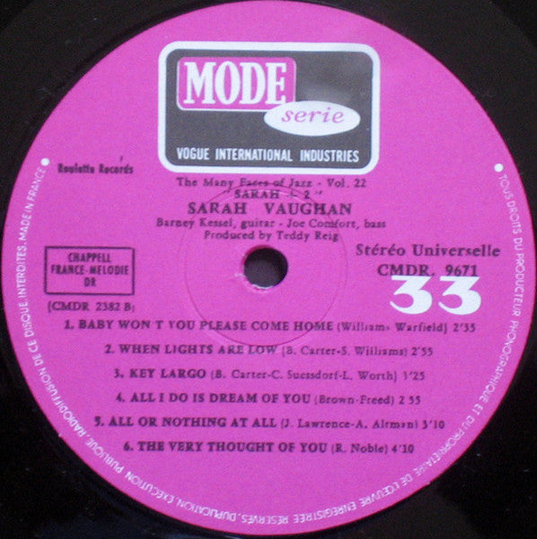 Sarah Vaughan - Barney Kessel - Joe Comfort : Sarah + 2 (LP, Album, RE)