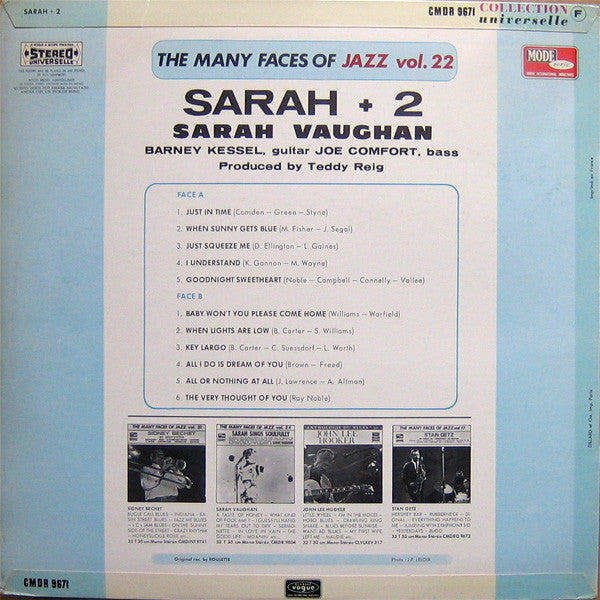 Sarah Vaughan - Barney Kessel - Joe Comfort : Sarah + 2 (LP, Album, RE)