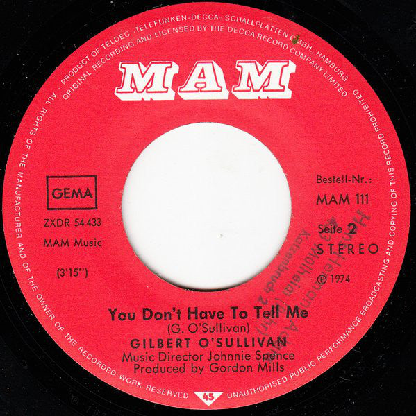 Gilbert O'Sullivan : Why, Oh Why, Oh Why (7", Single)