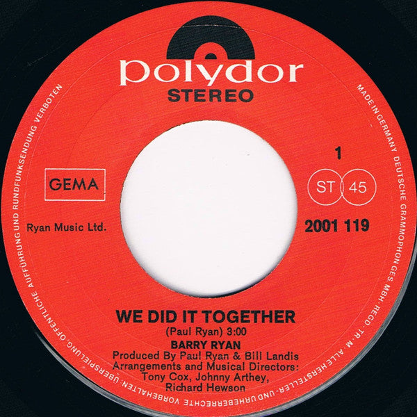 Barry Ryan : We Did It Together (7")
