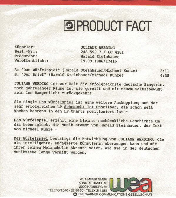 Juliane Werding : Das Würfelspiel (7", Single)