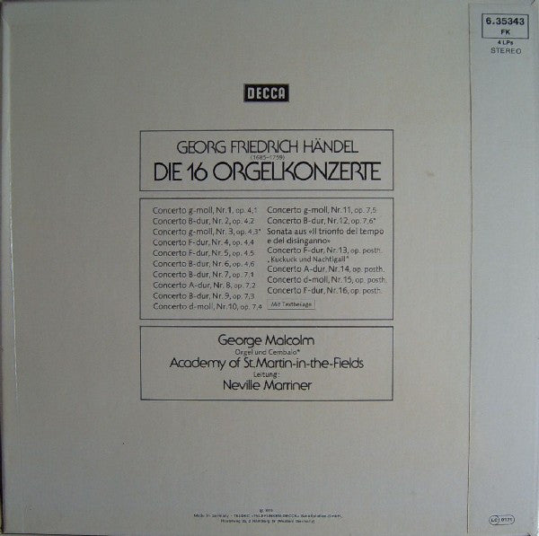 Georg Friedrich Händel - George Malcolm, The Academy Of St. Martin-in-the-Fields, Sir Neville Marriner : Die 16 Orgelkonzerte (Box + 4xLP)