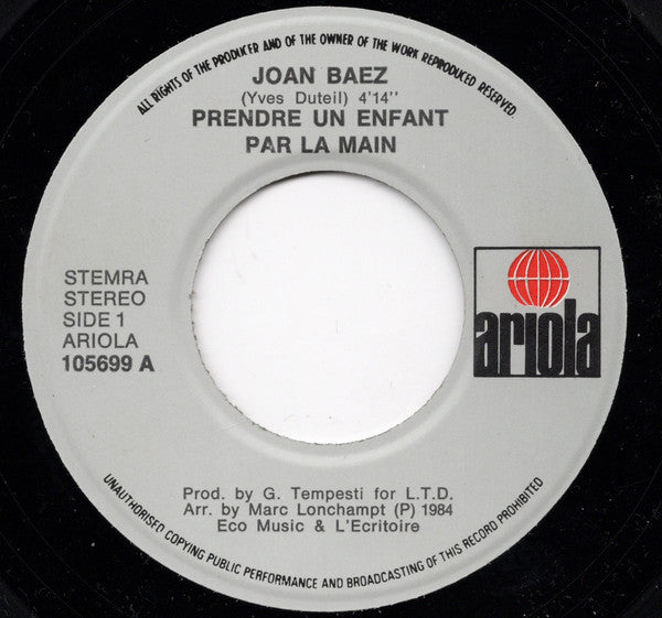 Joan Baez : Warriors Of The Sun / Prendre Un Enfant (7", Single)