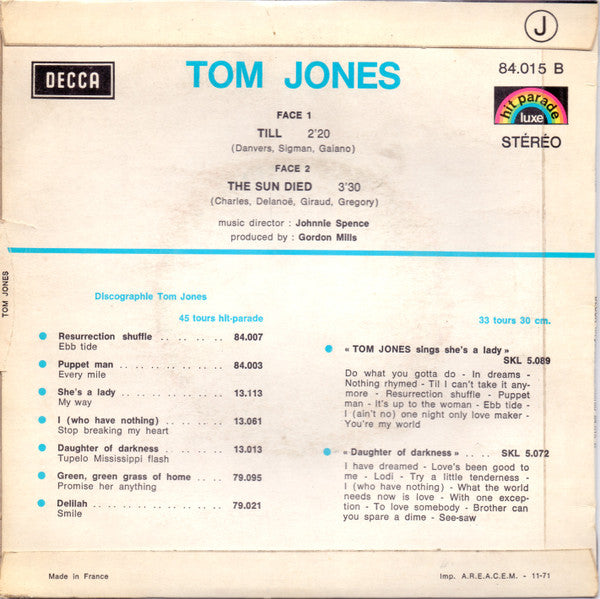 Tom Jones : Till (7", Single, Bla)