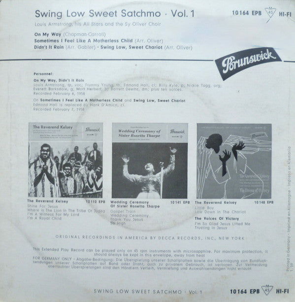 Louis Armstrong And His All-Stars And The Sy Oliver Choir : Swing Low Sweet Satchmo, Vol. 1 (7", EP, Mono)