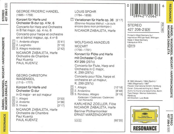 Georg Friedrich Händel, Georg Christoph Wagenseil, Wolfgang Amadeus Mozart - Nicanor Zabaleta : Harfenkonzerte (CD)