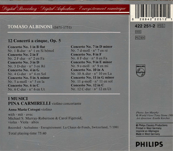 Tomaso Albinoni ● I Musici : 12 Concerti A Cinque Op. 5 (CD)