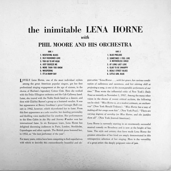 Lena Horne With Phil Moore And His Orchestra : The Inimitable Lena Horne (LP, Album)