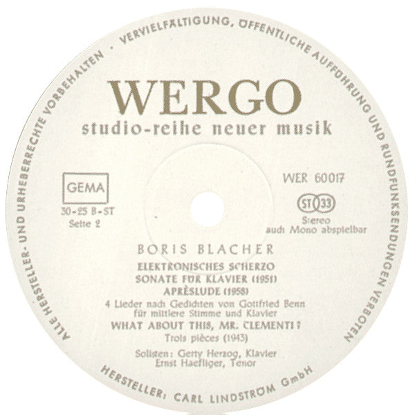 Boris Blacher : Abstrakte Oper / Elektronische Impulse / Klaviersonate / Aprèslude / Clementi-Variationen (LP)
