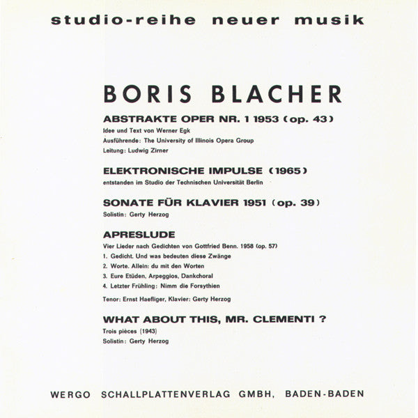 Boris Blacher : Abstrakte Oper / Elektronische Impulse / Klaviersonate / Aprèslude / Clementi-Variationen (LP)