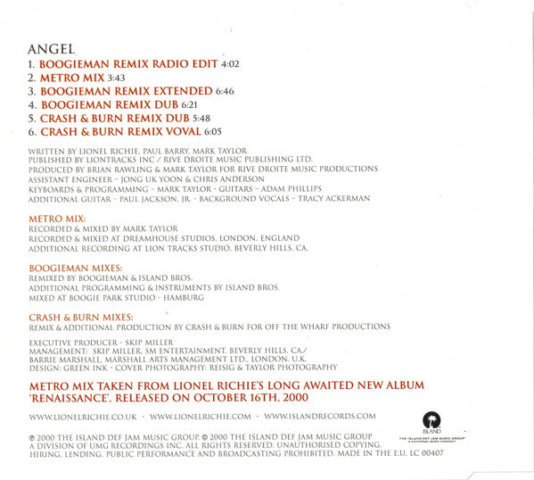 Lionel Richie : Angel (The Remixes) (CD, Maxi, Promo)