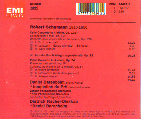 Robert Schumann, Jacqueline Du Pré, New Philharmonia Orchestra, Daniel Barenboim, London Philharmonic Orchestra, Dietrich Fischer-Dieskau : Cello Concerto / Piano Concerto (CD, Comp, RM)