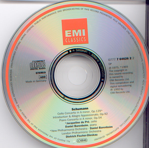 Robert Schumann, Jacqueline Du Pré, New Philharmonia Orchestra, Daniel Barenboim, London Philharmonic Orchestra, Dietrich Fischer-Dieskau : Cello Concerto / Piano Concerto (CD, Comp, RM)