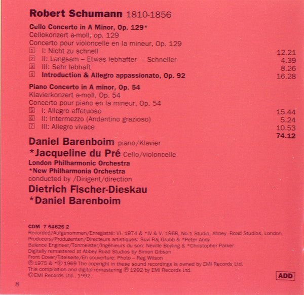 Robert Schumann, Jacqueline Du Pré, New Philharmonia Orchestra, Daniel Barenboim, London Philharmonic Orchestra, Dietrich Fischer-Dieskau : Cello Concerto / Piano Concerto (CD, Comp, RM)