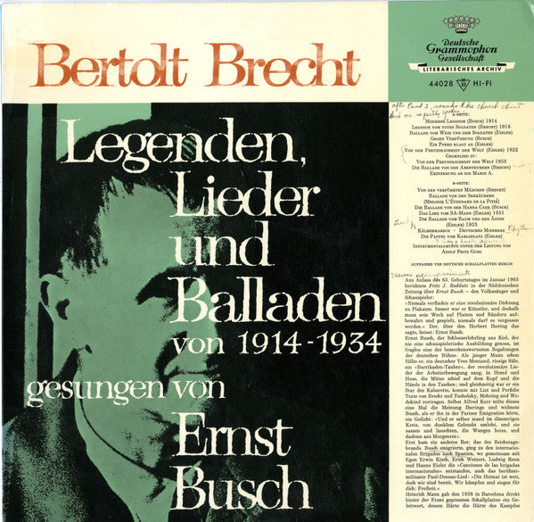 Ernst Busch : Bertolt Brecht - Legenden, Lieder Und Balladen Von 1914-1934 Gesungen Von Ernst Busch (LP, Mono)