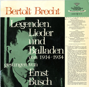 Ernst Busch : Bertolt Brecht - Legenden, Lieder Und Balladen Von 1914-1934 Gesungen Von Ernst Busch (LP, Mono)