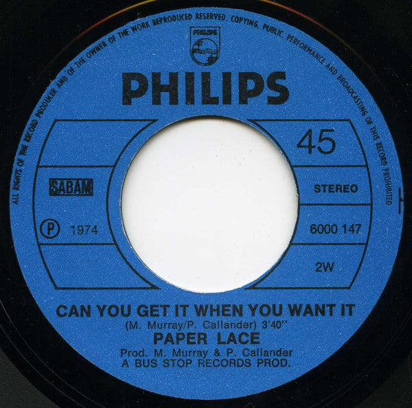 Paper Lace : The Night Chicago Died (7", Single)