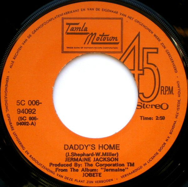 Jermaine Jackson : Daddy's Home (7", Single, Pin)