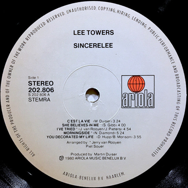 Lee Towers : Sincerelee (LP, Album)