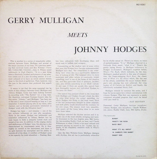 Gerry Mulligan & Johnny Hodges : Gerry Mulligan Meets Johnny Hodges (LP, Album, Mono, RE)
