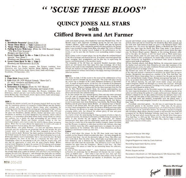 Quincy Jones And His Swedish-American All Stars With Clifford Brown And Art Farmer : 'Scuse These Bloos (LP, Comp, Ltd, Num, RE, Blu)