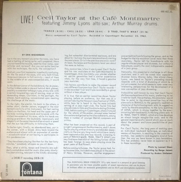 Cecil Taylor : At The Cafe Montmartre (LP, Album, Mono)