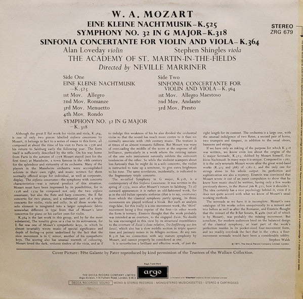 Wolfgang Amadeus Mozart, The Academy Of St. Martin-in-the-Fields Directed By Sir Neville Marriner : Eine Kleine Nachtmusik / Sinfonia Concertante (LP)