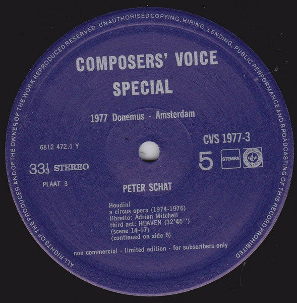 Peter Schat & Adrian Mitchell (2)  –  Concertgebouworkest, Nederlands Opera Koor, The National Ballet, The Amsterdam Electric Circus, Studio Silver Strings, Circle Ensemble , Conductor Hans Vonk , Soloists: Jerold Norman, Sarah Velden, Jennie Veeninga, Ja : Houdini – A Circus Opera – Live Recording (3xLP, Ltd + Box)