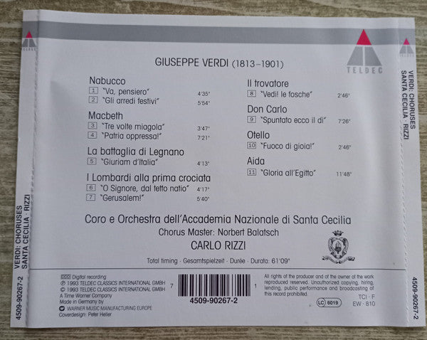 Giuseppe Verdi, Carlo Rizzi, Coro dell'Accademia Nazionale di Santa Cecilia E Orchestra dell'Accademia Nazionale di Santa Cecilia : Va Pensiero - Famous Opera Choruses (CD, Comp)