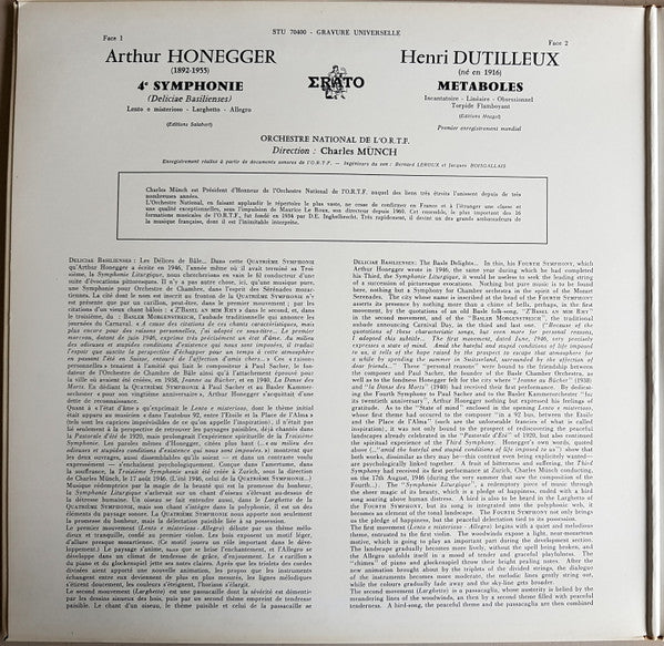 Orchestre National De L'ORTF / Charles Munch / Arthur Honegger / Henri Dutilleux : 4è Symphonie (Deliciae Basilienses) / Metaboles (LP, Gat)