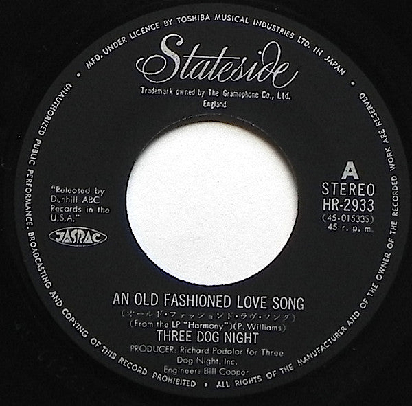 Three Dog Night : An Old Fashioned Love Song (7", Single, ¥40)
