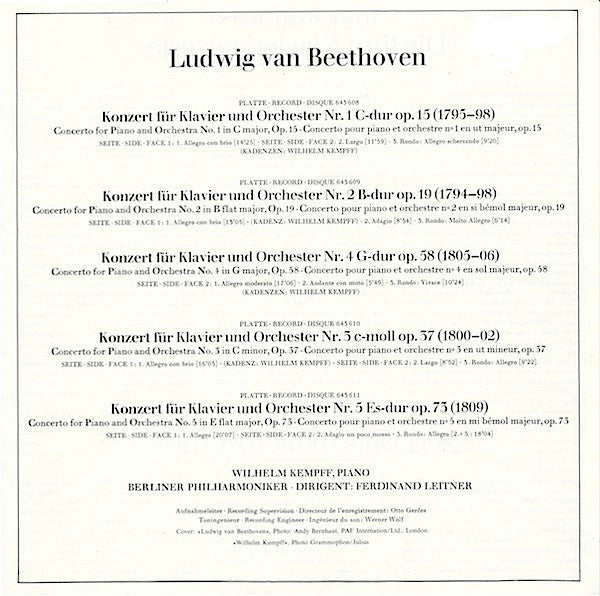 Ludwig van Beethoven - Wilhelm Kempff - Berliner Philharmoniker, Ferdinand Leitner : 5 Klavierkonzerte (4xLP, Comp + Box)