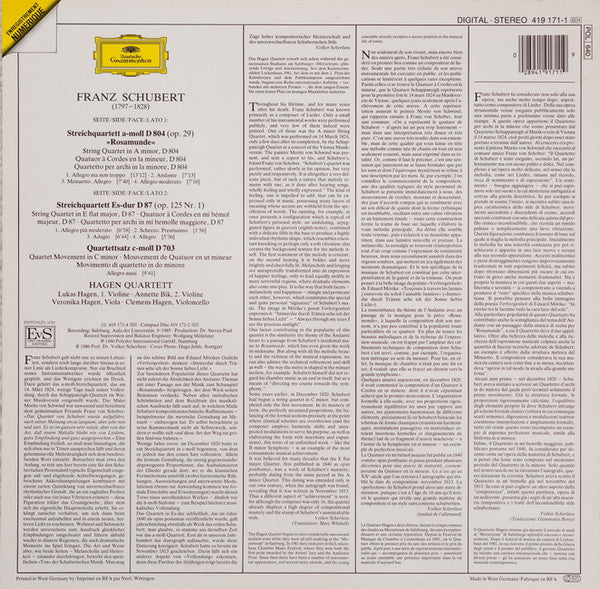 Franz Schubert - Hagen Quartett : Streichquartette: D804 »Rosamunde« • D703 »Quartettsatz« • D87 (LP, Album)