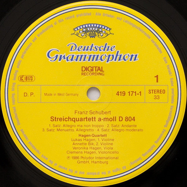 Franz Schubert - Hagen Quartett : Streichquartette: D804 »Rosamunde« • D703 »Quartettsatz« • D87 (LP, Album)