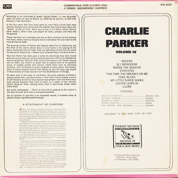 Charlie Parker : Charlie Parker Volume IV (LP, Album, RE)