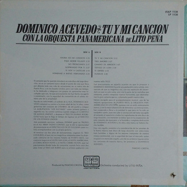 Dominico Acevedo Con Orquesta Panamericana : Tu Y Mi Cancion [You & My Song] (LP, Album, Mono)