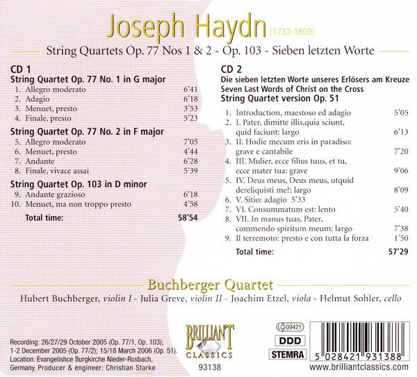 Joseph Haydn - Buchberger Quartett : String Quartets Op. 77 • String Quartet Op. 103 • Sieben Letzten Worte (2xCD)