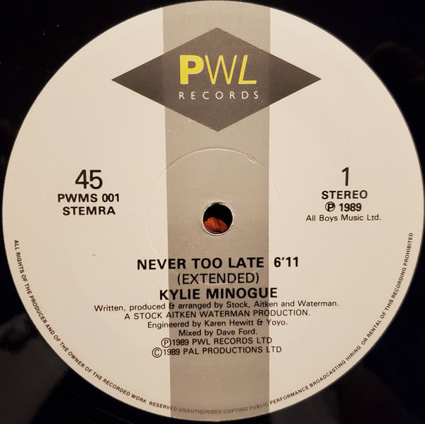 Kylie Minogue : Never Too Late (12", Maxi)