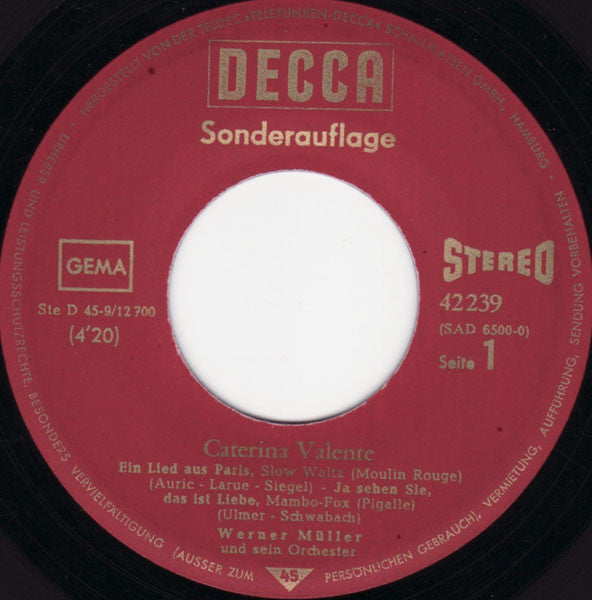 Caterina Valente : Ein Lied Aus Paris (7", EP)