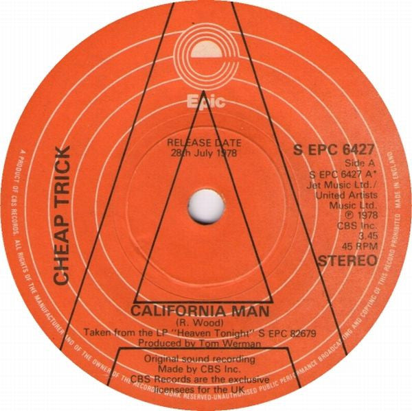 Cheap Trick : California Man (7", Single, Promo)