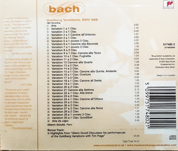 Johann Sebastian Bach - Glenn Gould : The Goldberg Variations - 1981 Recording (CD, Album, RM)