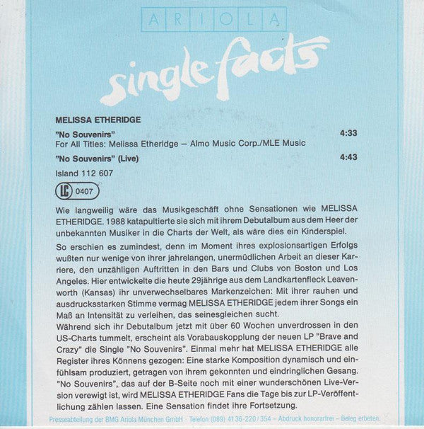 Melissa Etheridge : No Souvenirs (7", Single)