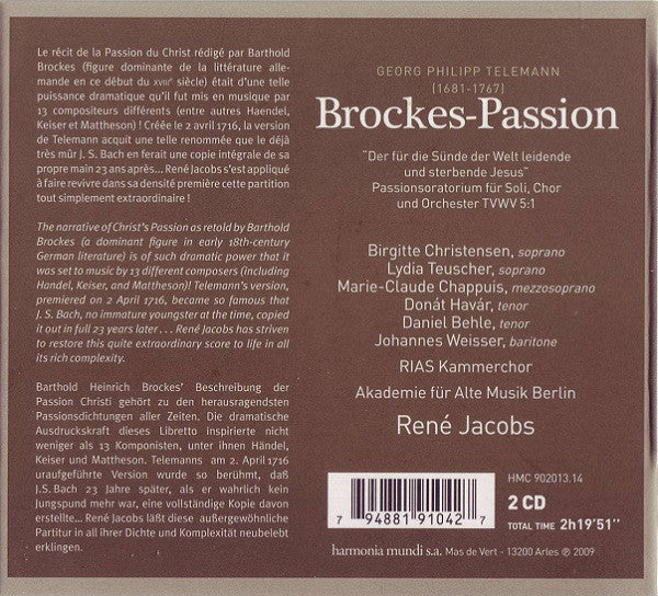Georg Philipp Telemann / Birgitte Christensen •  Lydia Teuscher • Marie-Claude Chappuis • Donát Havár • Daniel Behle • Johannes Weisser • RIAS-Kammerchor • Akademie Für Alte Musik Berlin • René Jacobs : Brockes-Passion (2xCD, Album + Box)