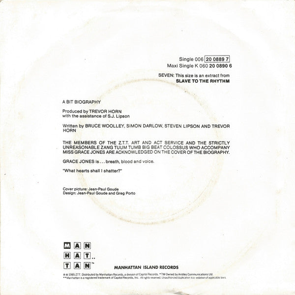Grace Jones : Slave To The Rhythm (7", Single)