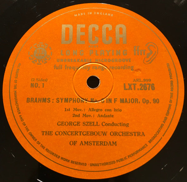 Johannes Brahms • George Szell Conducting Concertgebouworkest : Symphony No. 3 In F Major, Op. 90 (LP, Mono)