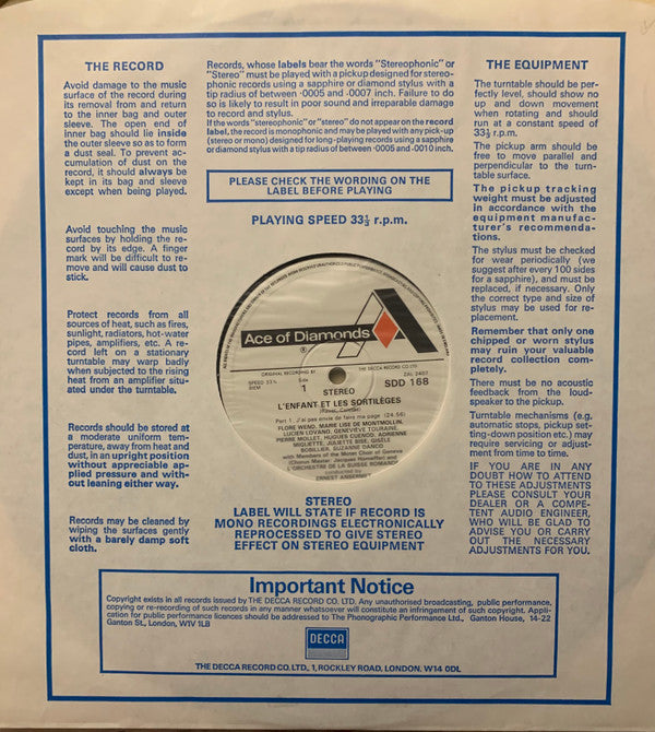 Maurice Ravel / Motet Choir Of Geneva, L'Orchestre De La Suisse Romande, Ernest Ansermet : L'Enfant Et Les Sortilèges (LP, RE)