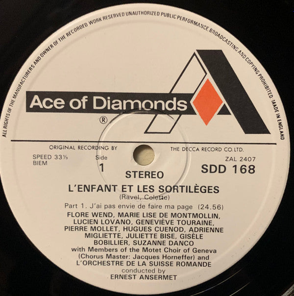 Maurice Ravel / Motet Choir Of Geneva, L'Orchestre De La Suisse Romande, Ernest Ansermet : L'Enfant Et Les Sortilèges (LP, RE)