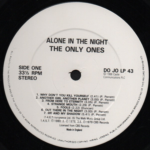 The Only Ones : Alone In The Night (LP, Comp)