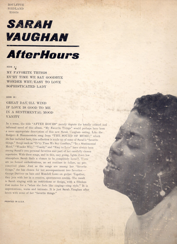 Sarah Vaughan : After Hours (LP, Album, Mono)